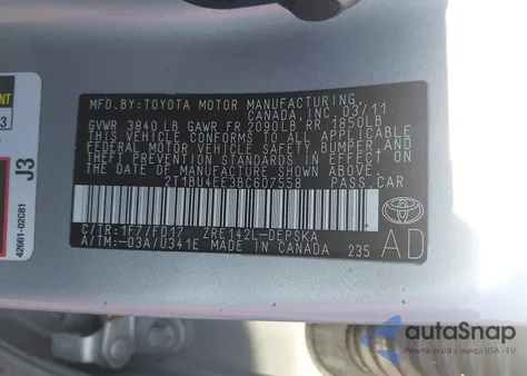 2011 Toyota Corolla S z USA, uszkodzony, nr VIN 2T1BU4EE3BC607558